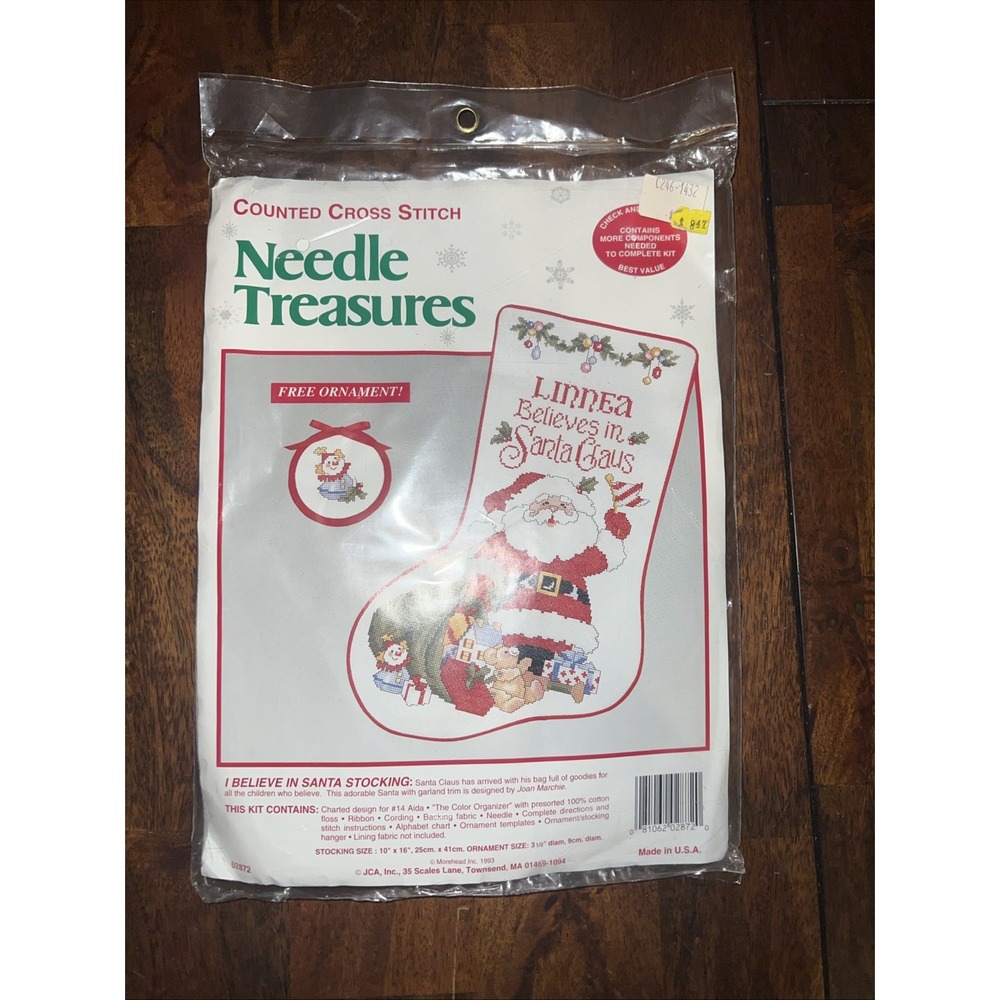 Needle Treasures Cross Stitch Kit Unisex‎ OS White Santa Stocking Ornament 02872